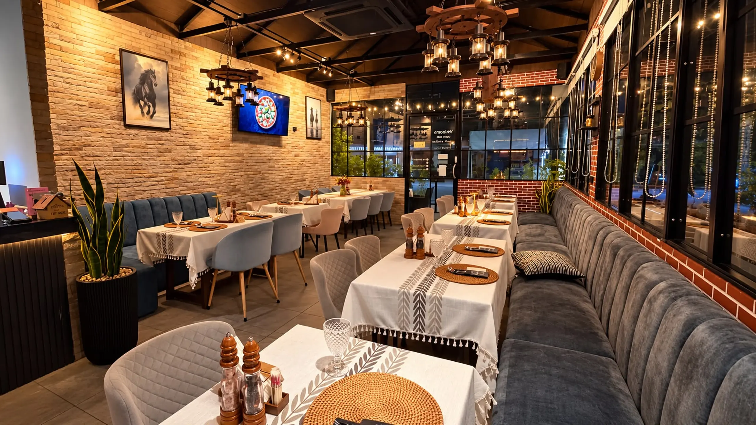 Brick walls, lanterns and blue velvet benches in the dining room of Moya Kuhnya
