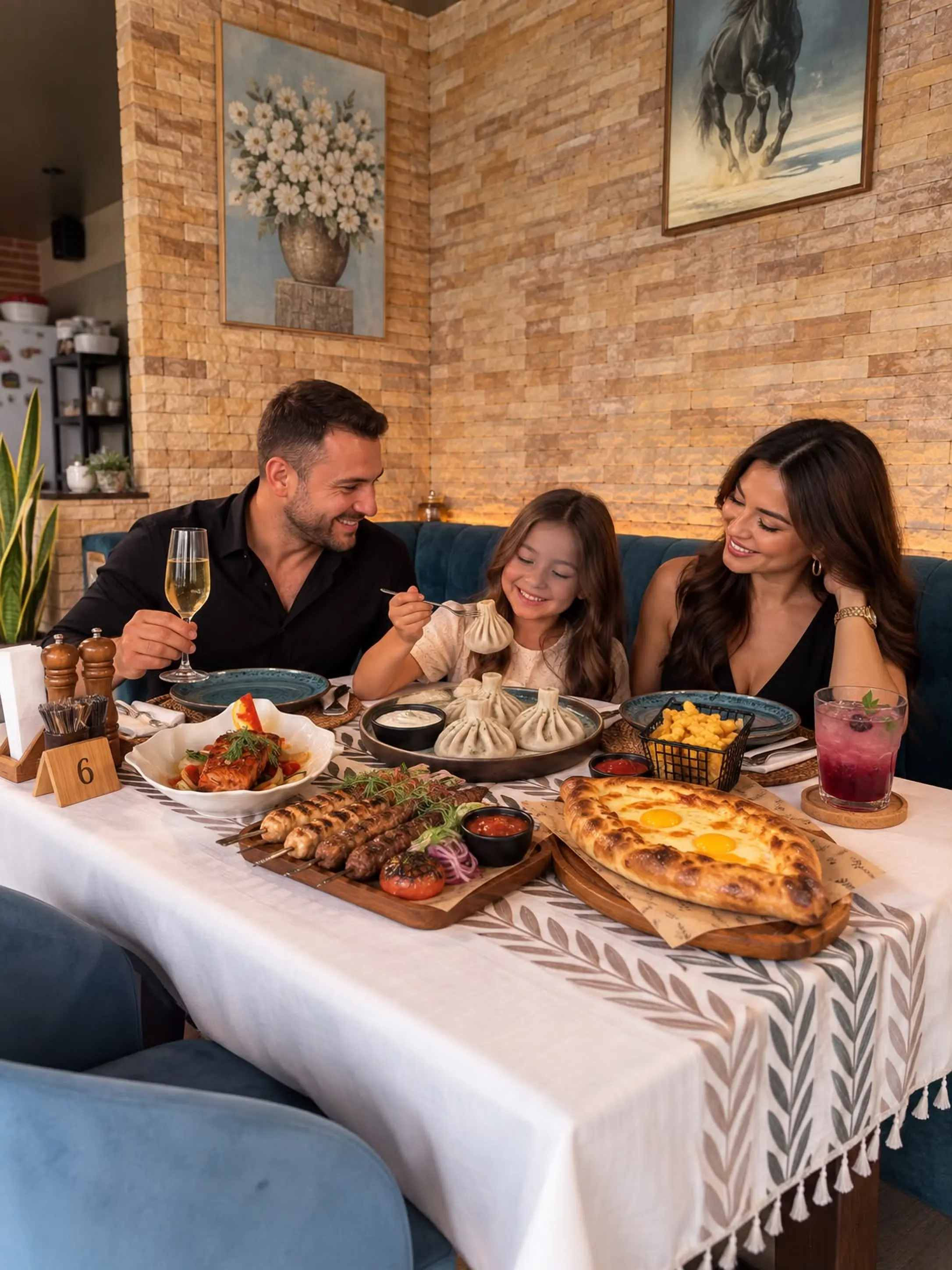 A family sharing khinkali, khachapuri and kebabs at a table in Moya Kuhnya