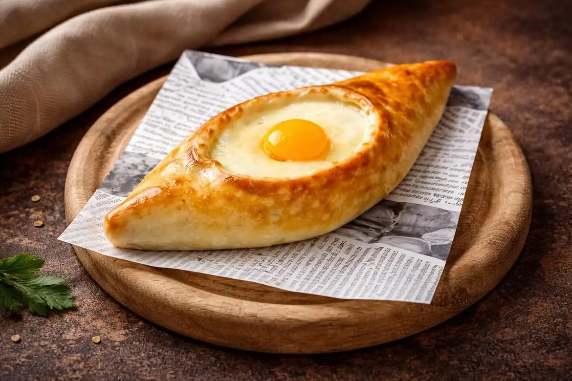 Handmade Adjarian khachapuri with egg yolk