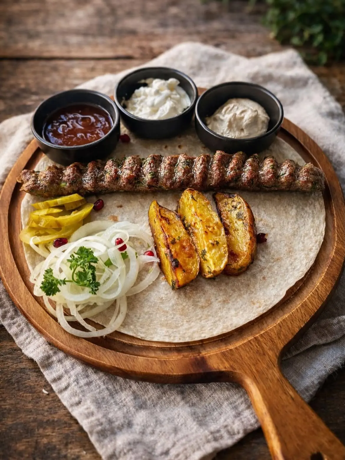 Australian lamb lula kebab with potatoes and sauces