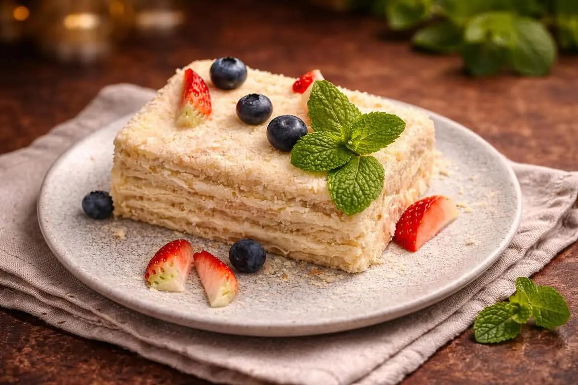 Napoleon cake with strawberries and blueberries