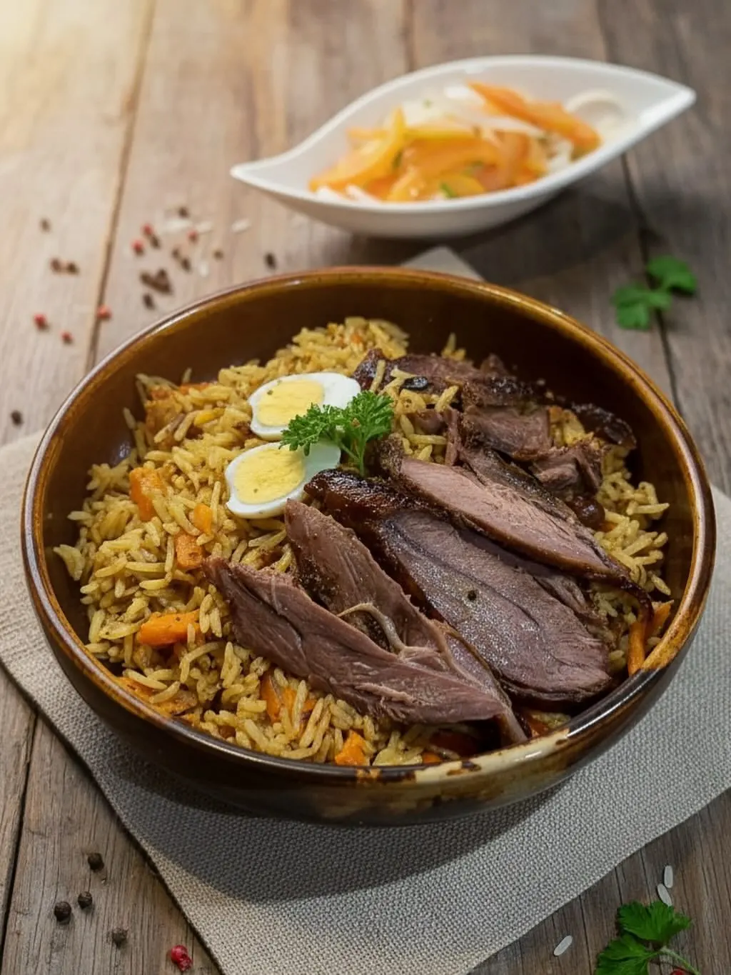 Slow-cooked Uzbek pilaf with tender meat and quail eggs